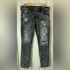 American Eagle Black Acid Wash Edgy Distressed Biker Straight Mens Jeans 32x30